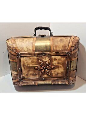 Vintage Rare Brown Wooden Chest Suitcase With Metal Accents Star Detail Decor